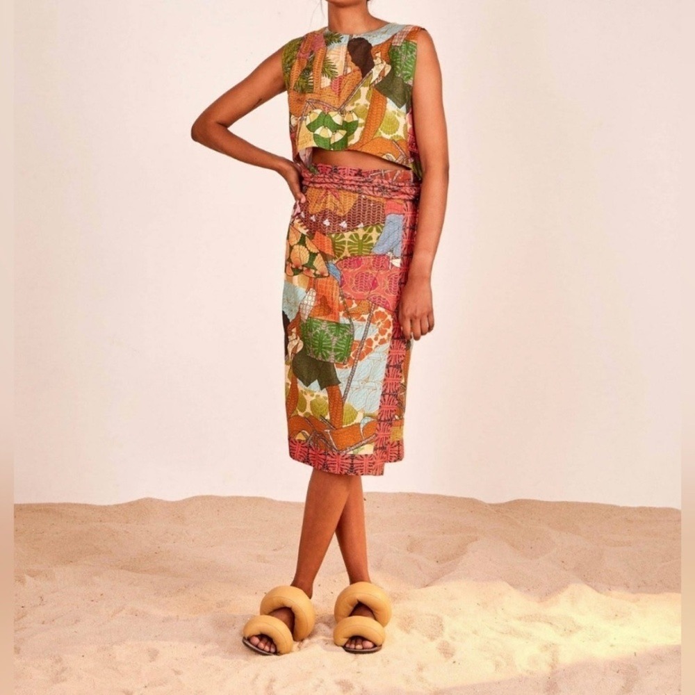 Farm Rio Tropical Print Midi Skirt with Beaded Rope Belt - Size S
